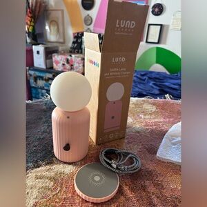 lund pink skittle lamp with wireless charger in box